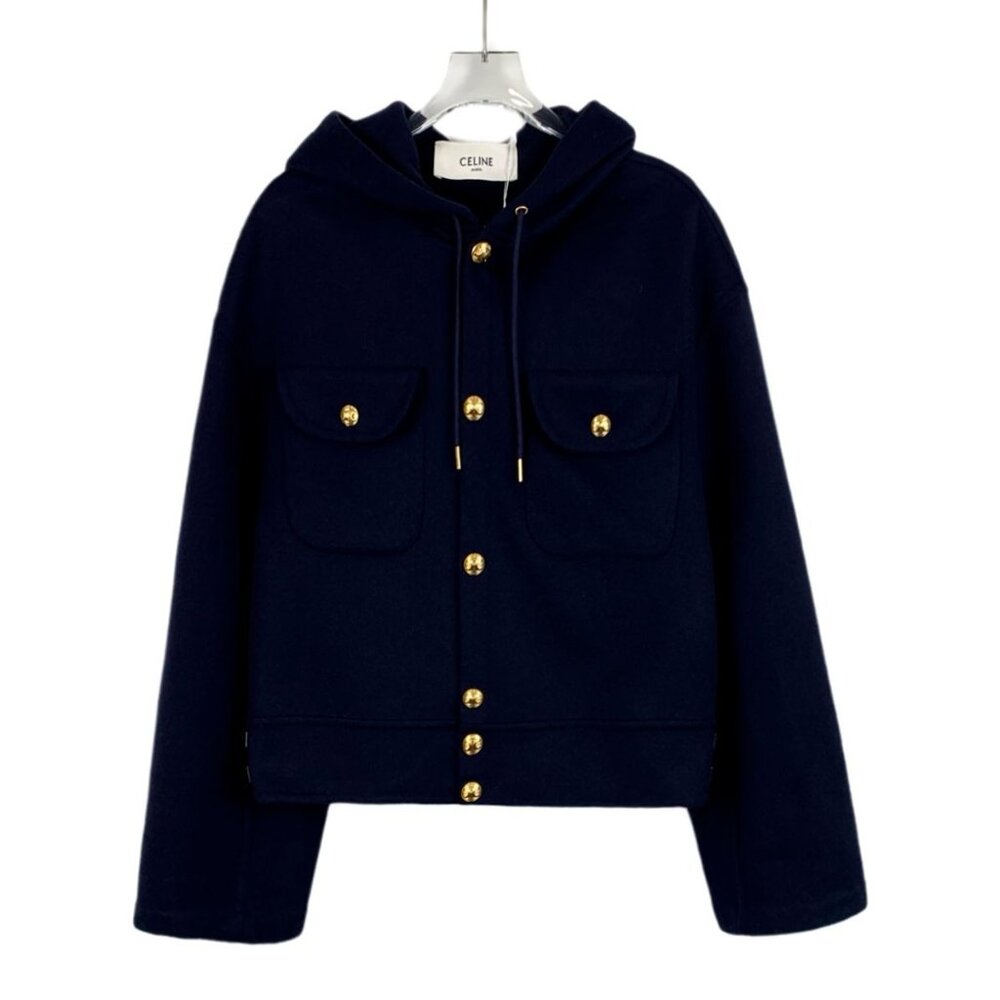 Celine Dark Blue Cashmere Hooded Jacket With Gold Button Details & Drawstring